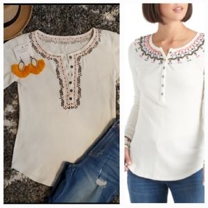 Lucky Brand Bohemian Embroidered  Long Sleeve White Multi Henley Waffle Top